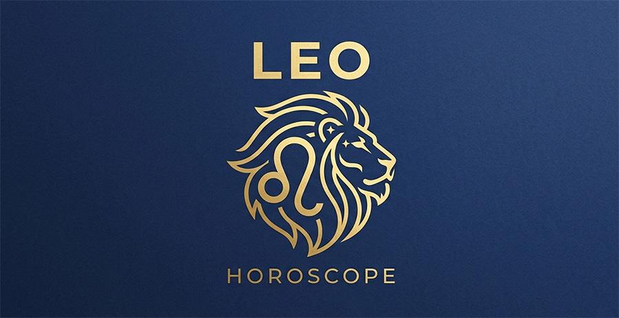 LeoHoroscope banner with a gold Leo emblem on a deep blue background